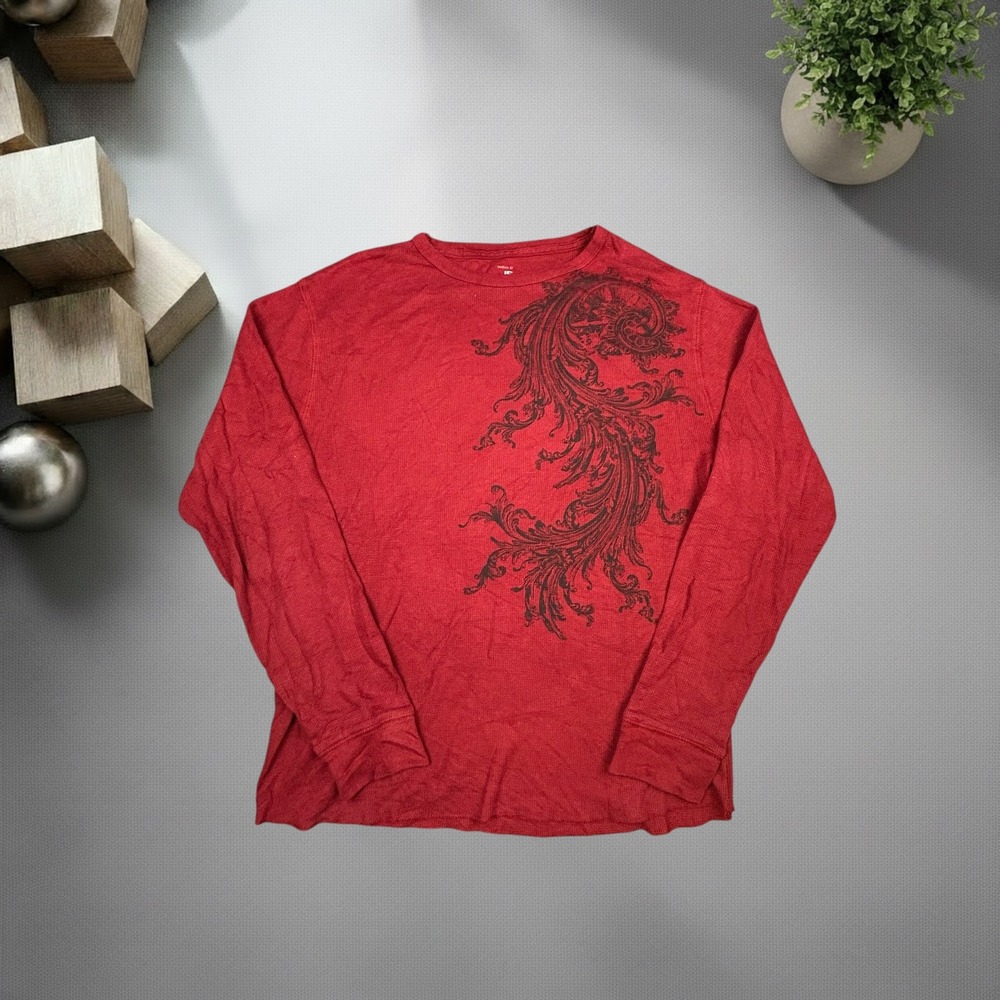 JF J Ferrar Red Waffle Knit Thermal Graphic Long Sleeve Shirt Mens Large Y2K